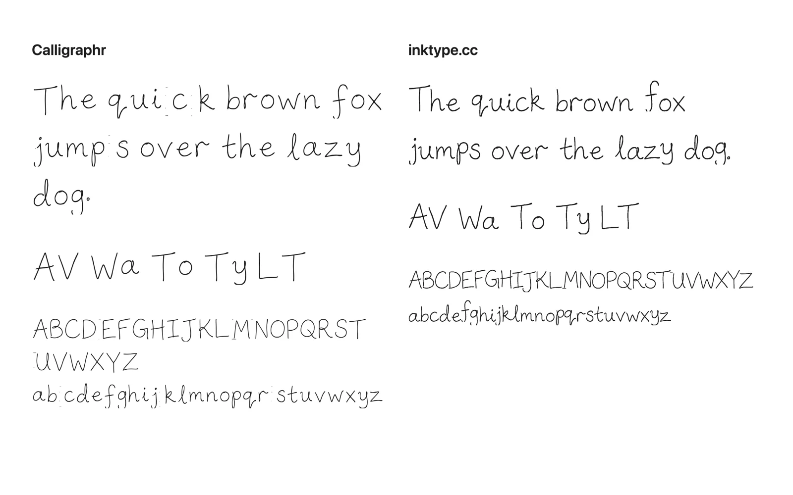 Das Pangramm, die Paare AV Wa To Ty LT und das Alphabet in zwei Handschriften nebeneinander. In der Calligraphr-Schrift links steht quick als quic k und jumps als jump s. In der inktype.cc-Schrift rechts sind die Wörter geschlossen und die Paare rücken enger zusammen.