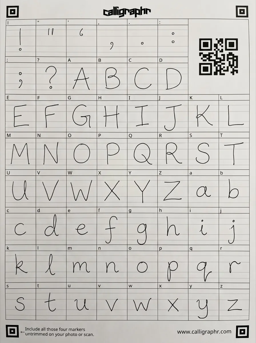 Die ausgedruckte Vorlage von Calligraphr, von Hand mit schwarzem Stift ausgefüllt: Satzzeichen, Großbuchstaben von A bis Z und Kleinbuchstaben von a bis z, eines pro Feld.