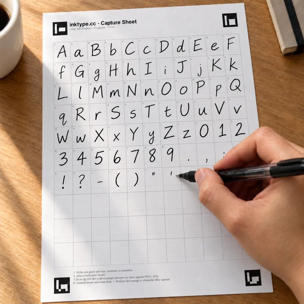 A hand writing letters into the boxes of a printed inktype.cc capture sheet