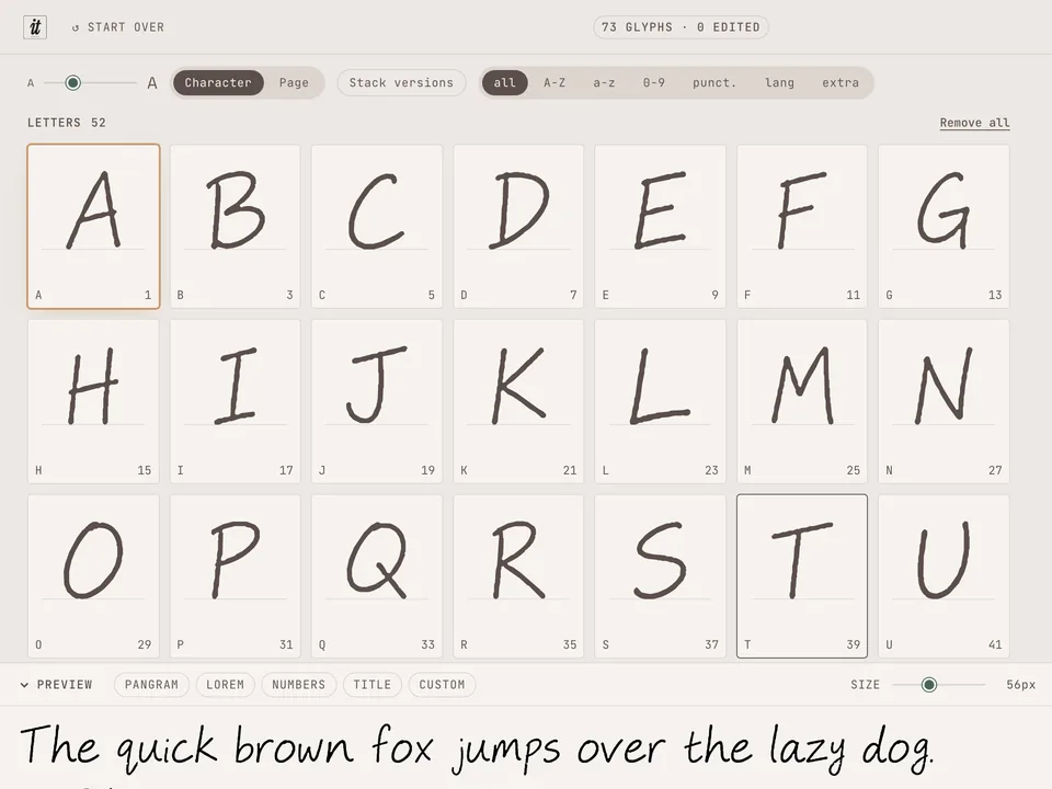 The inktype.cc editor with scanned letters and a preview of the font
