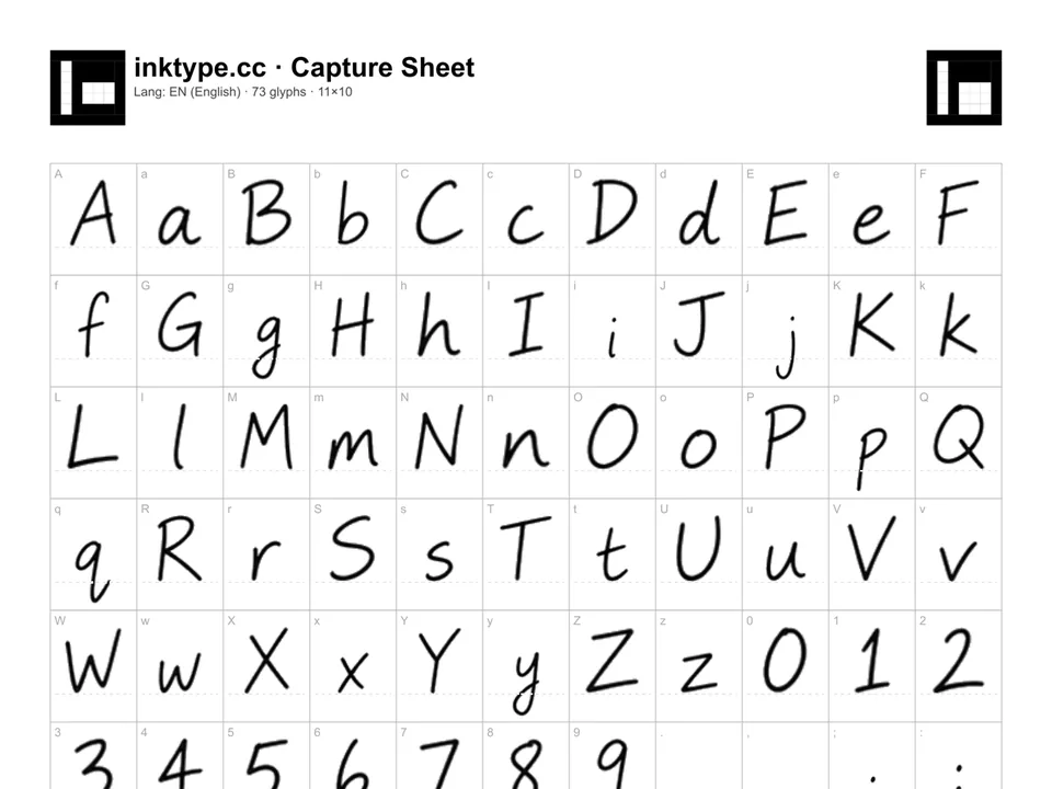 An inktype.cc capture sheet filled in by hand, one letter in each box