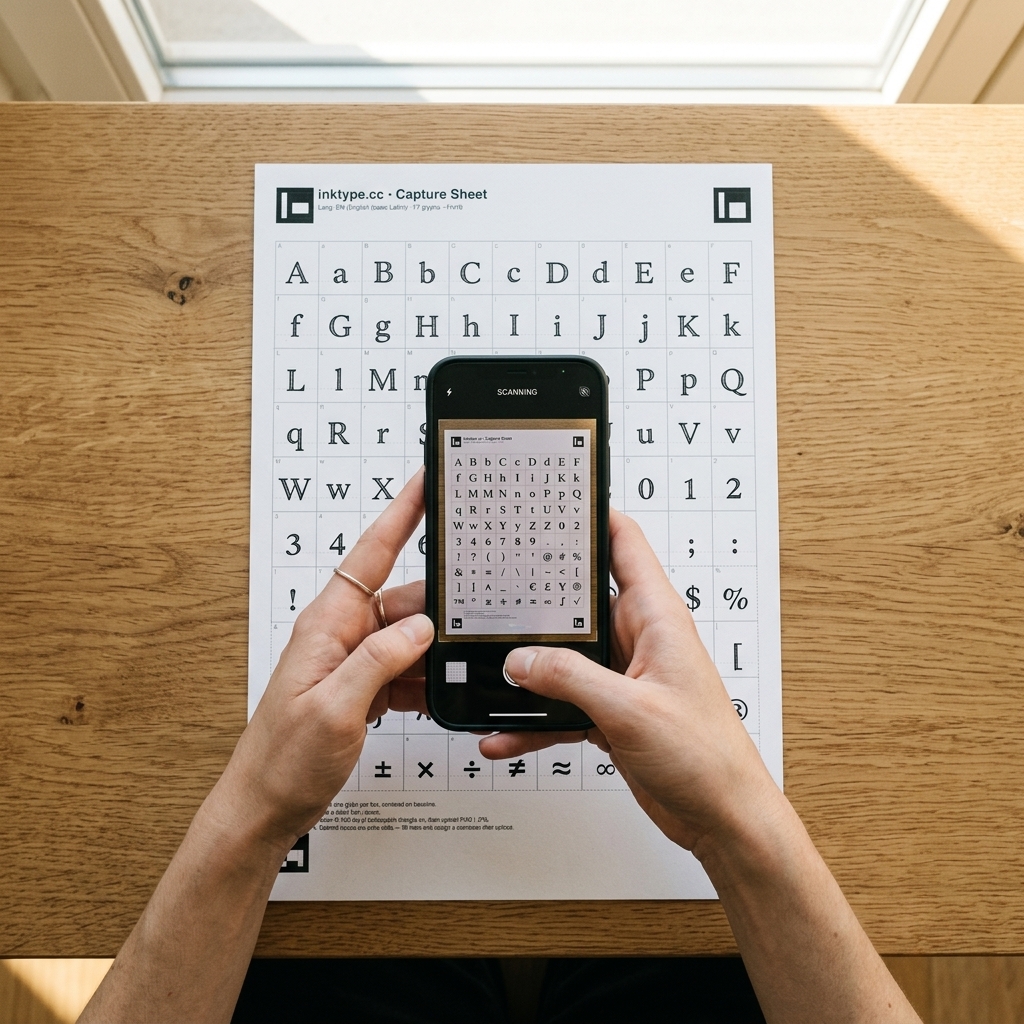 A top-down photograph of a person holding a smartphone directly above a handwriting template sheet to scan it on a wooden table