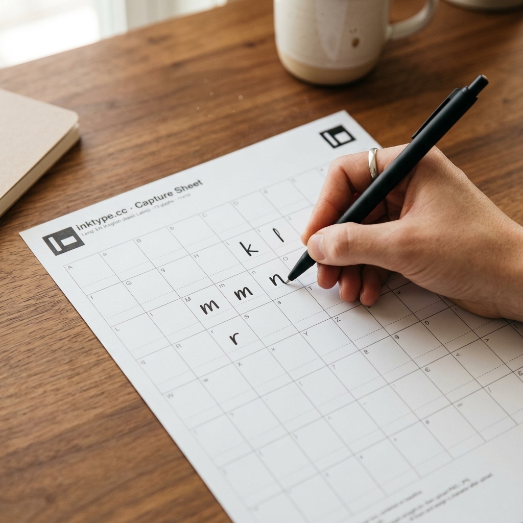 A close-up photograph of a hand writing letters on the printed inktype.cc capture template grid on a wooden desk using a black gel pen